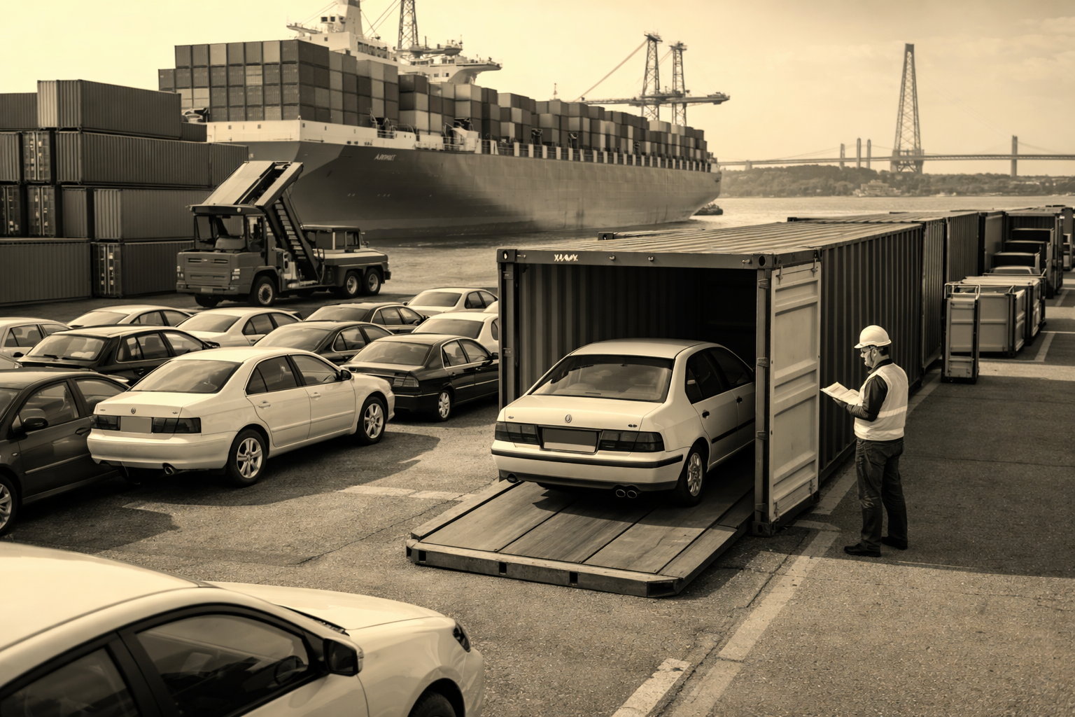 A 1990s Japanese sedan being loaded into a container at a port, suggesting process clarity, export coordination, and trust.